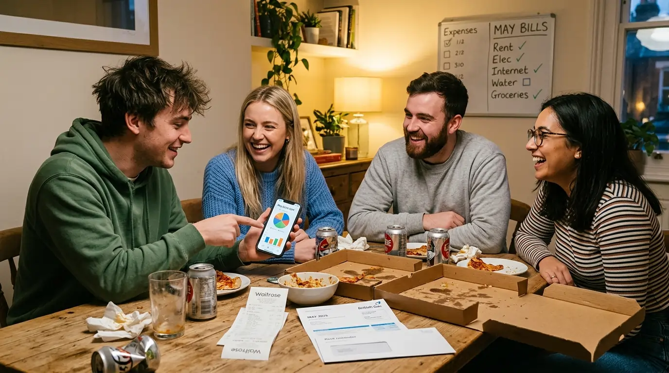 Housemates comparing rent and household bills on a phone, with fair cost sharing and budget planning