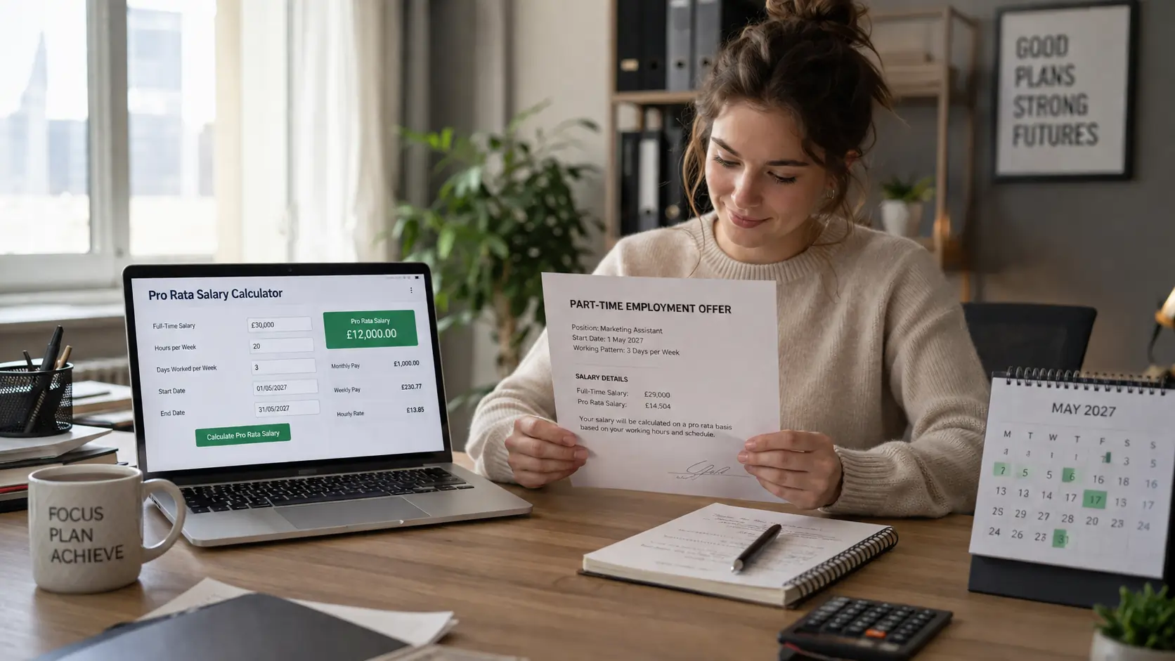 Woman reading a part-time job offer beside a laptop showing a pro rata salary calculation