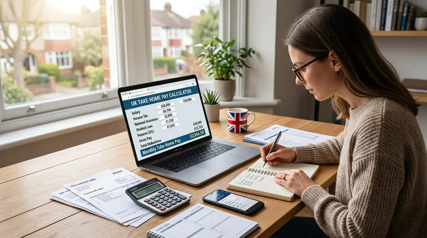 UK worker checking take-home pay calculator with tax, NI, pension and student loan deductions on laptop