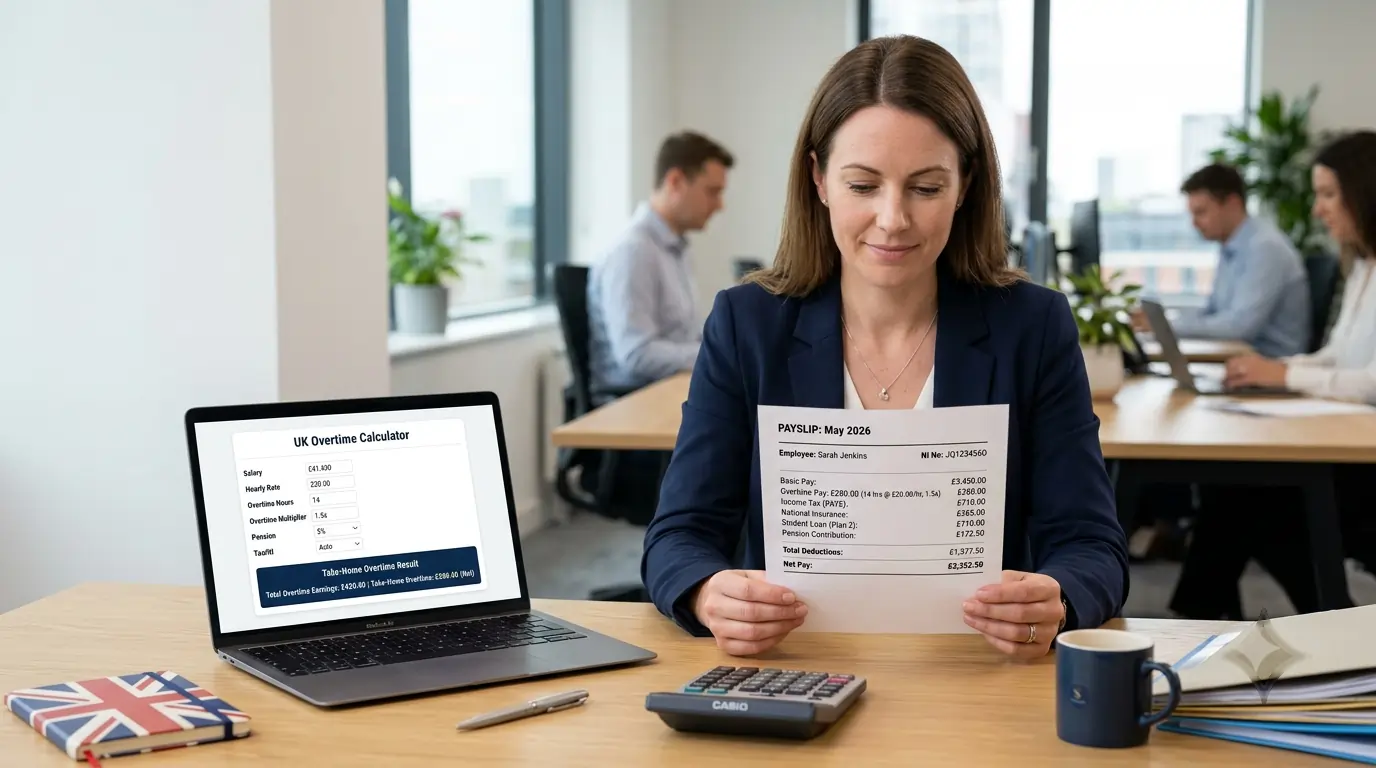 Overtime calculator UK UK worker checking overtime payslip with tax, NI and student loan deductions showing final take-home pay