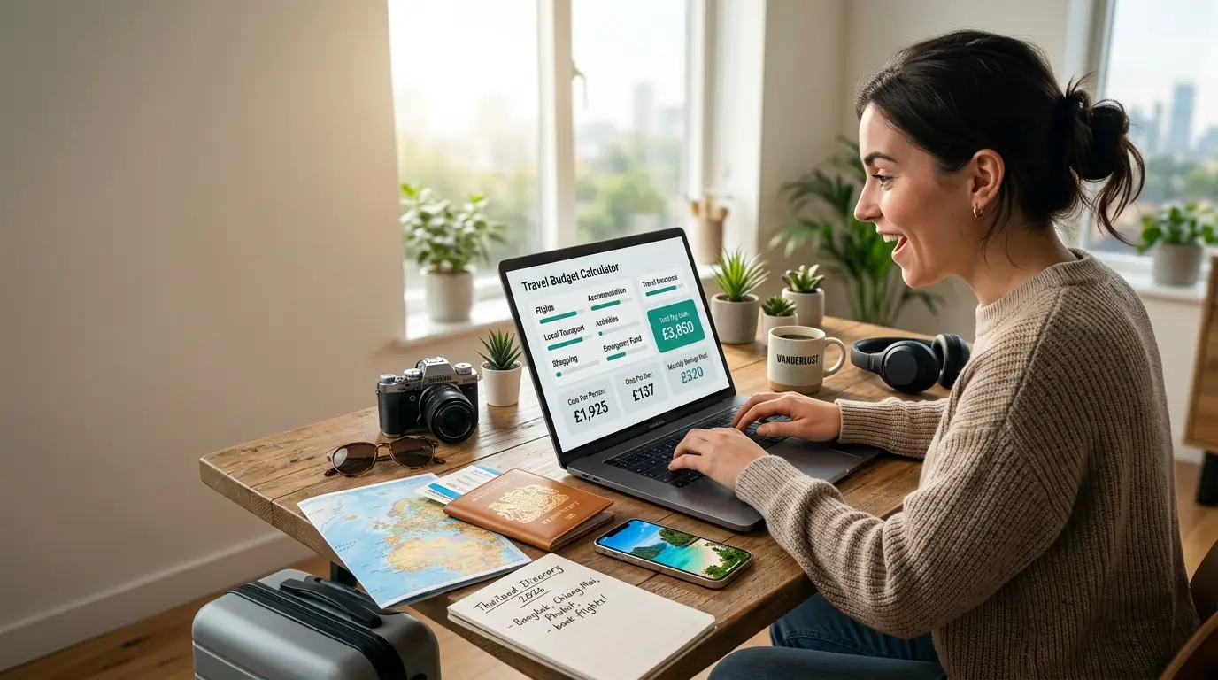 Travel budget calculator Traveller planning holiday budget on laptop with flights, hotels, food and daily trip cost calculations
